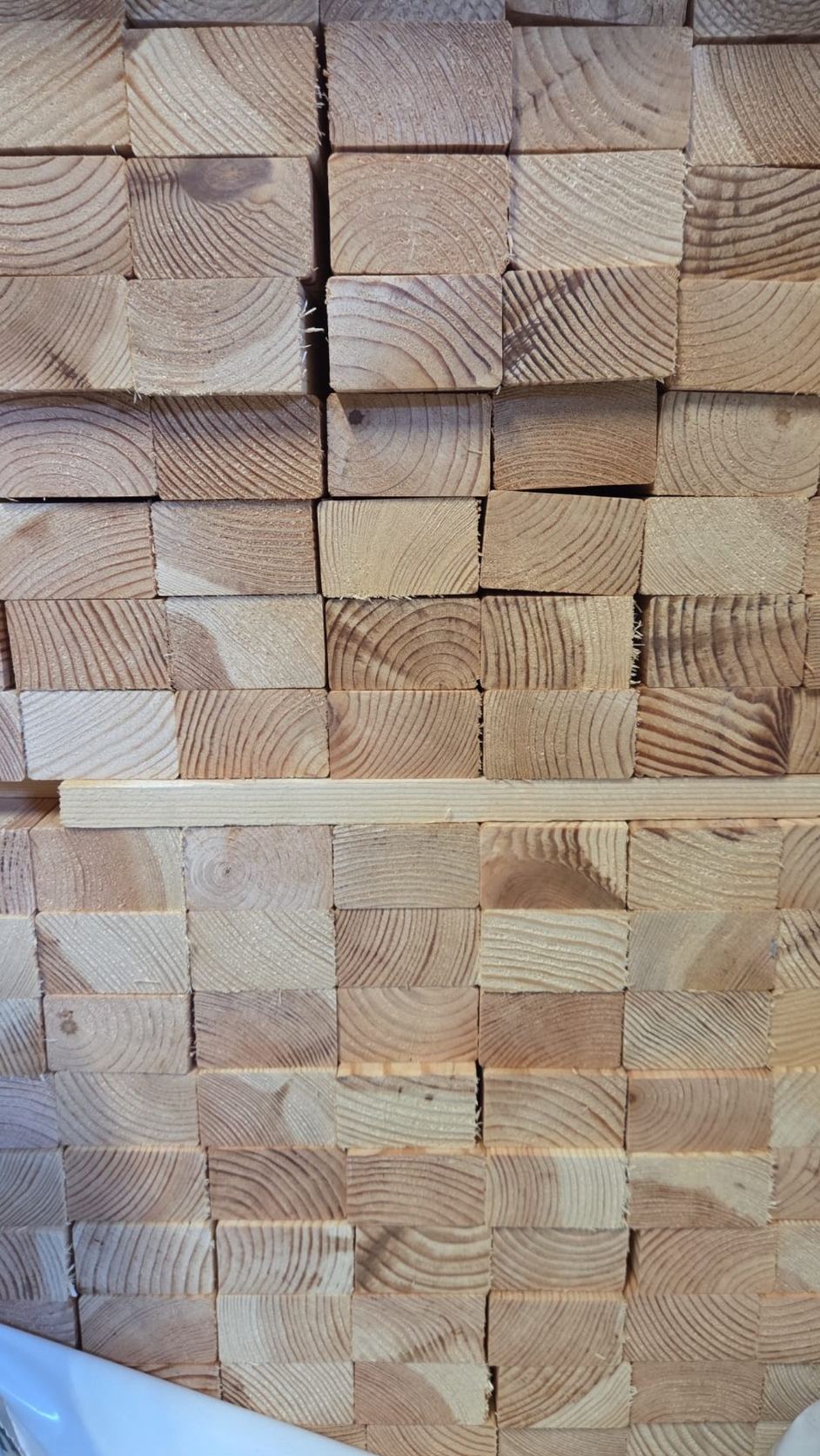 Close-up of untreated C16 CLS timber ends, 50 x 75mm nominal, 38 x 63mm finished size