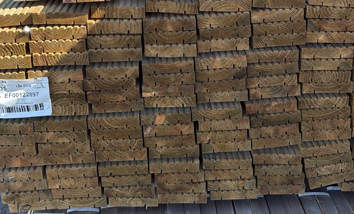 32 x 144 mm double-profiled decking boards in stock at Tendring Lumber Company