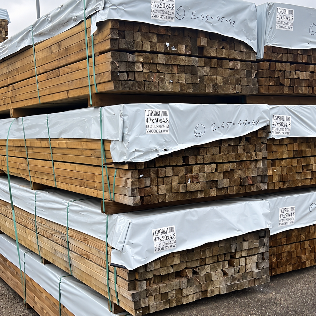 47 x 50 mm treated carcassing timber packs, showing cut ends and sides